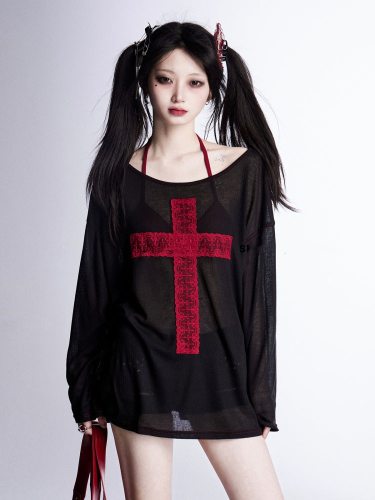 Lace Cross Black Asymmetrical Sun Protection Coverup Red Neckline