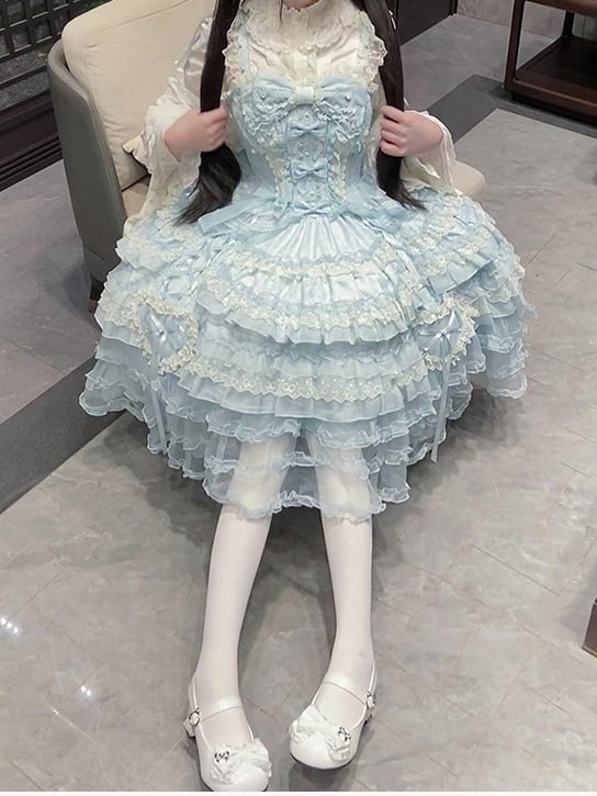 JSK with Dress Accents Multi-Layered Lace Blue Lolita Bow Princess Ruffle Sweet