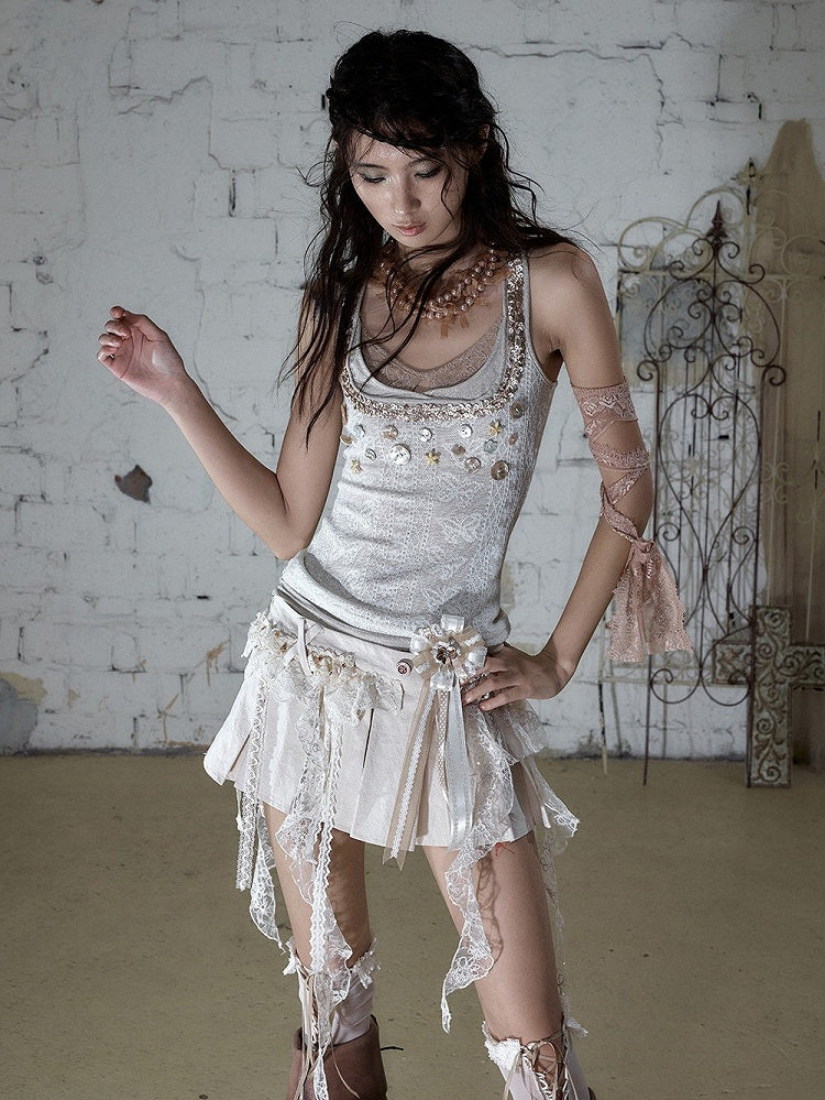 Punk Apricot Pleated Skort with Asymmetric Lace Trim - NO ROMANCE