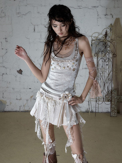 Punk Apricot Pleated Skort with Asymmetric Lace Trim - NO ROMANCE