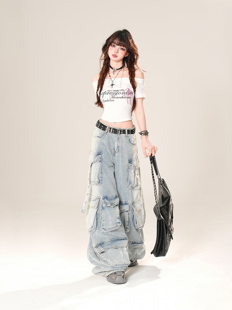 Blau/Schwarze Cargo-Jeans mit weitem Bein und niedriger Taille