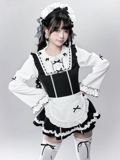 - Baggy Top Jirai Kei Maid-Inspired Black/Pink Three-Piece Set Sleeve