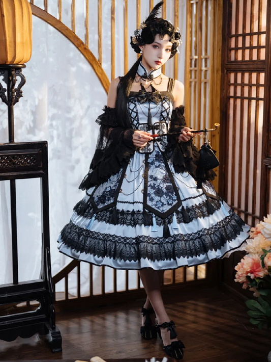 Blue and Black Elegant Chinoiserie Style Dress + Boned Corset Belt + Tassels Overlay Qi Lolita JSK Set