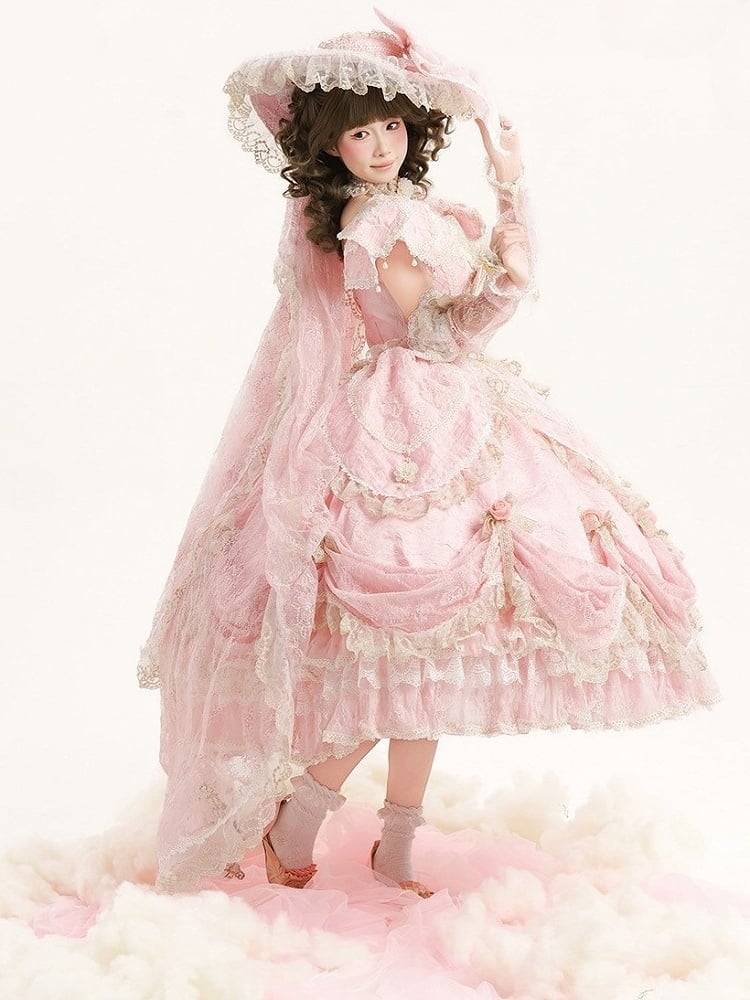 Version Details Ruffles Hanayome Pink Short with and Layered Hime Gown Bow Lace Lolita Off-Shoulder