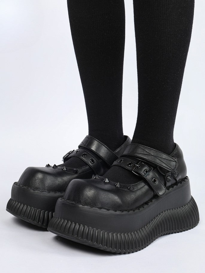 Style Straps Jane Shoes Punk Details and Studs Mary in Black Velcro with Platform Buckle