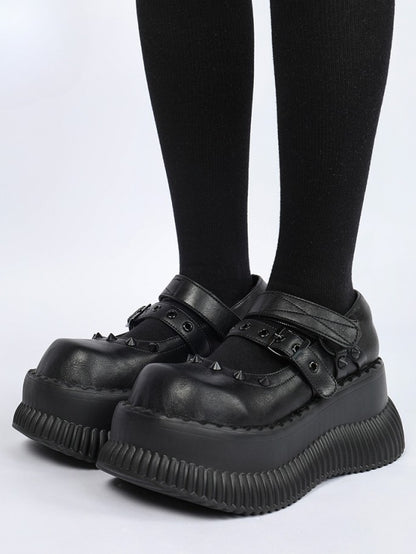 Style Straps Jane Shoes Punk Details and Studs Mary in Black Velcro with Platform Buckle