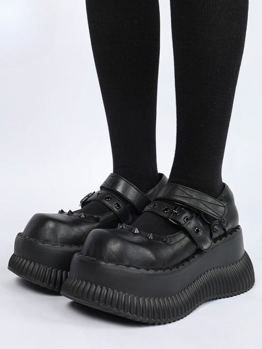 Style Straps Jane Shoes Punk Details and Studs Mary in Black Velcro with Platform Buckle