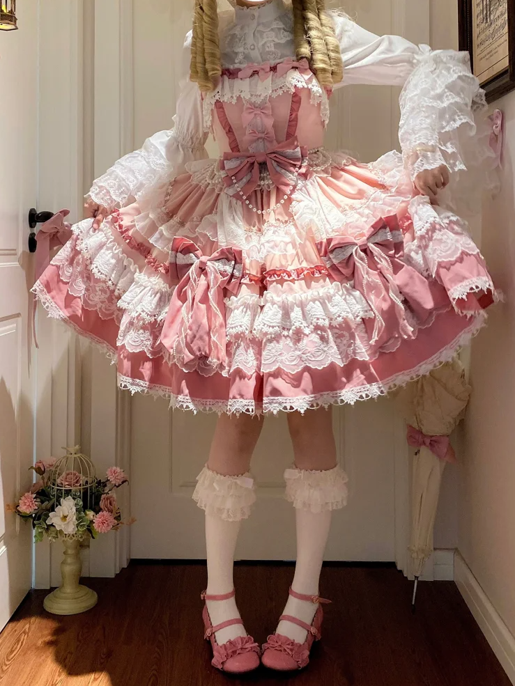 Pink Bead Sweet Dress Details Bows Detachable and Lolita Tiered Skirt