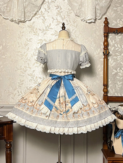 Blaues Lolita-Kleid mit Rüschen und Rundhalsausschnitt, Kätzchen- und Teddy-Print, Sweet Lolita OP