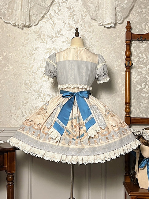 Print Round Blue Sweet Neck Dress Kitty OP Lolita Ruffle Teddy and