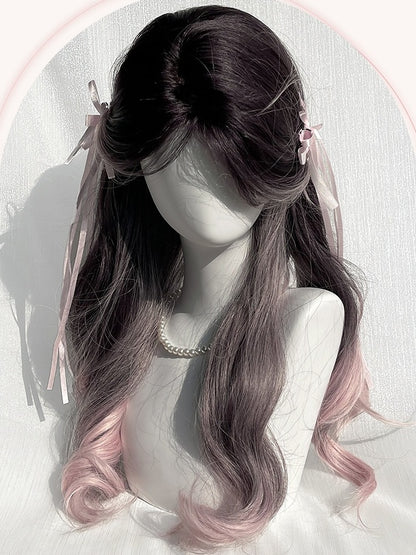 Pink Highlight Long Wavy Wig With Curtain Bangs