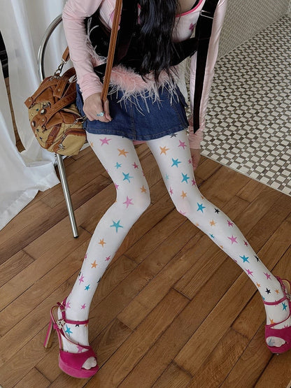 Opaque Colorful Sweet Star-Print Retro (Y2K Pantyhose Style)