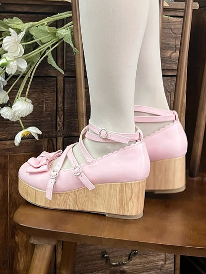 Bow Wedge Lolita Top Pink Design - at Crisscross Sweet PU Platforms