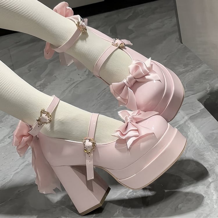 Top Heels Toe Bow at Pink Round High Block Sweet Platform Light Lolita Design with