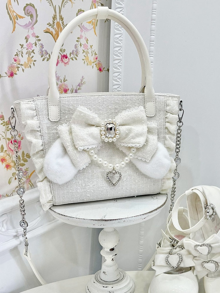Lolita with And Bunny Charm Bow in Rhinestone Beaded - White Trim Ear Elegant Heart Triple-Carry Handbag Plush Ruffles