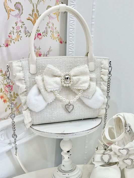 Lolita with And Bunny Charm Bow in Rhinestone Beaded - White Trim Ear Elegant Heart Triple-Carry Handbag Plush Ruffles