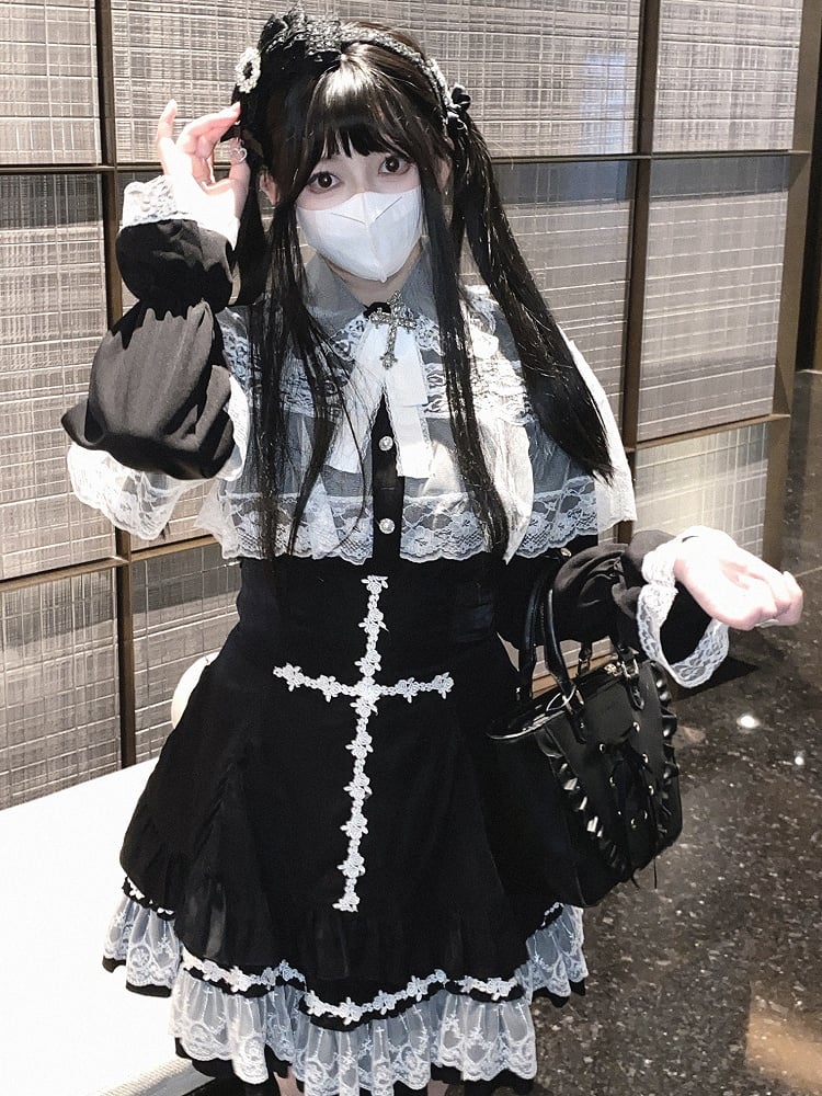 Skirt Rose Cross Landmine White/Black/Pink Embroidery Jirai Hem High Style Kei Lace Waist