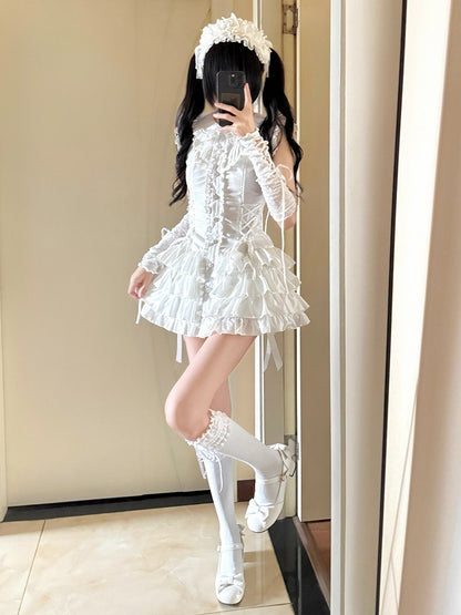 Sweet Kawaii White Peter Pan Collar Flutter Sleeves Tiered Dress - Jasmine White Original Design