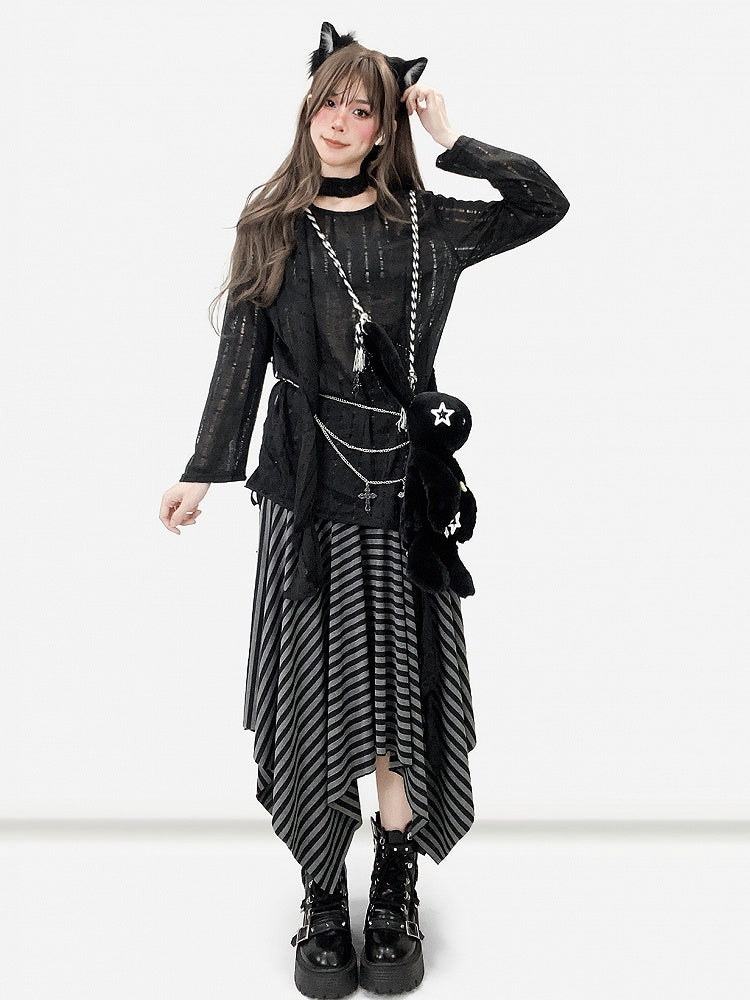 Cutout Sleeves Detail + Top Asymmetrical Hem Long Black Scarf