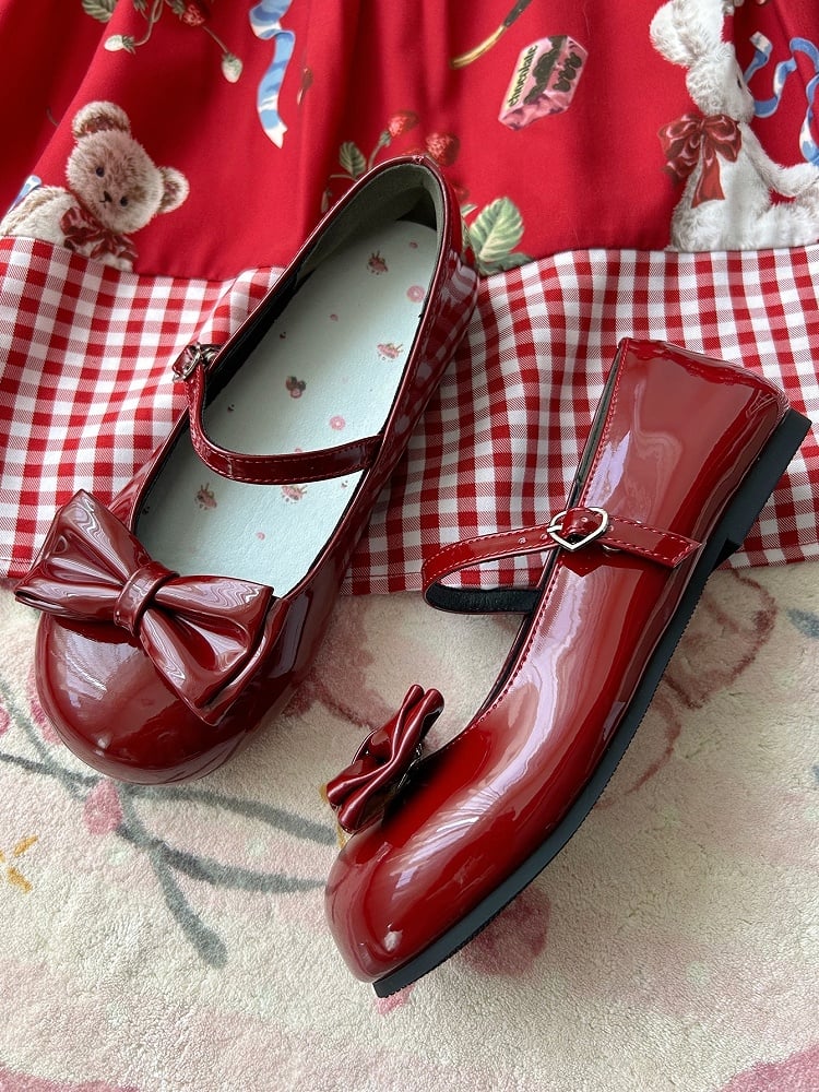 Mary PU Heart Shoes Buckle with Detachable Wine Low-heel Red Bow Jane and