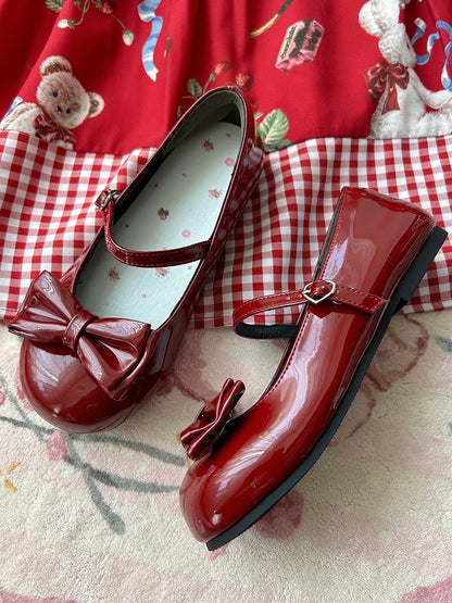 Mary PU Heart Shoes Buckle with Detachable Wine Low-heel Red Bow Jane and