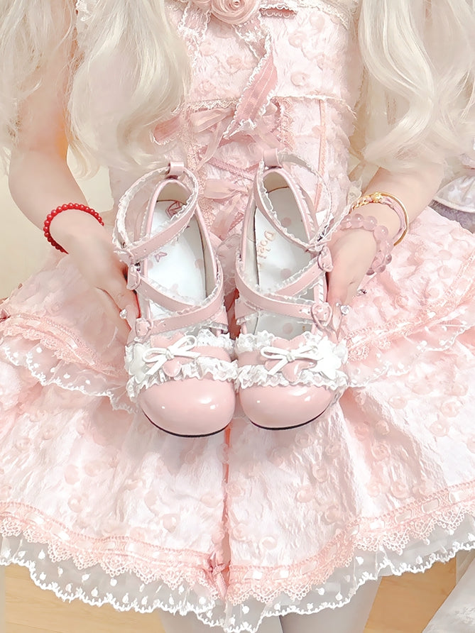 with Lace Heel Pink - PU Mary Sweet Lolita Low Trim Janes