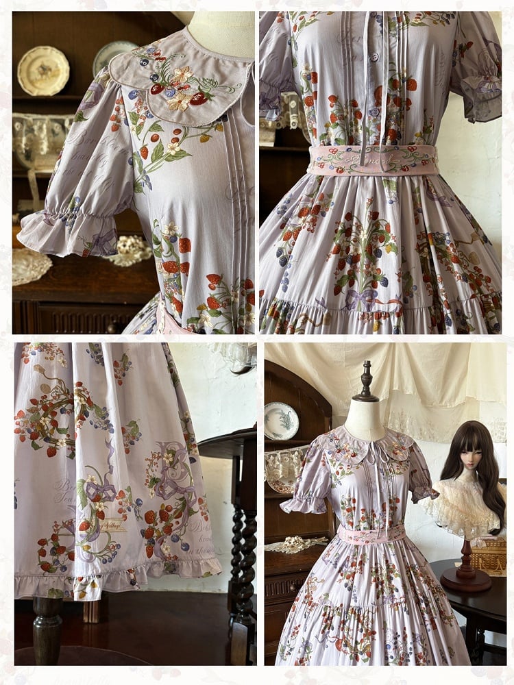 Purple Berry-Themed Floral Dress with Waist Belt and Collar Accessory - Zoncel