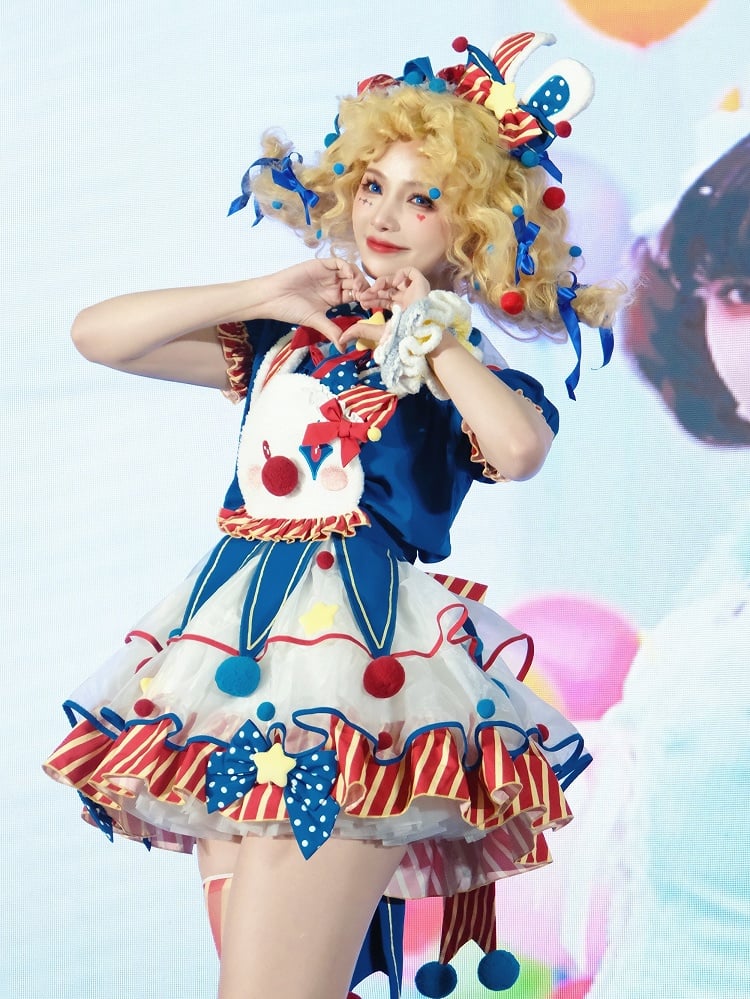 Lolita und Zirkus Pastell Clown Mieder Overalls Rotes Kleid Blau Dunkel Clowncore Bunny Fleece Süß