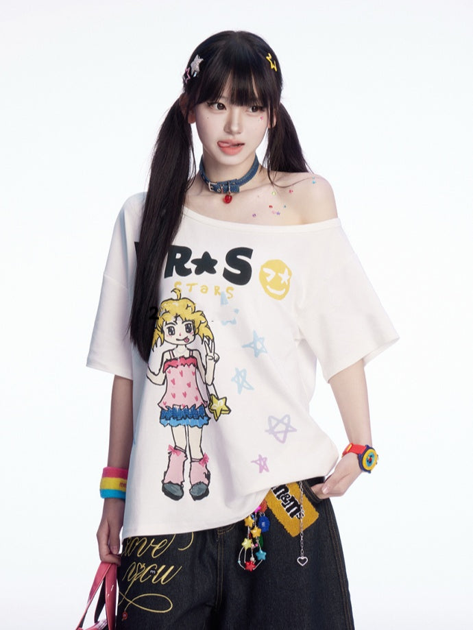 Bedrucktes schwarz-weißes T-Shirt mit asymmetrischem Ausschnitt und Vintage-Cartoon-Print