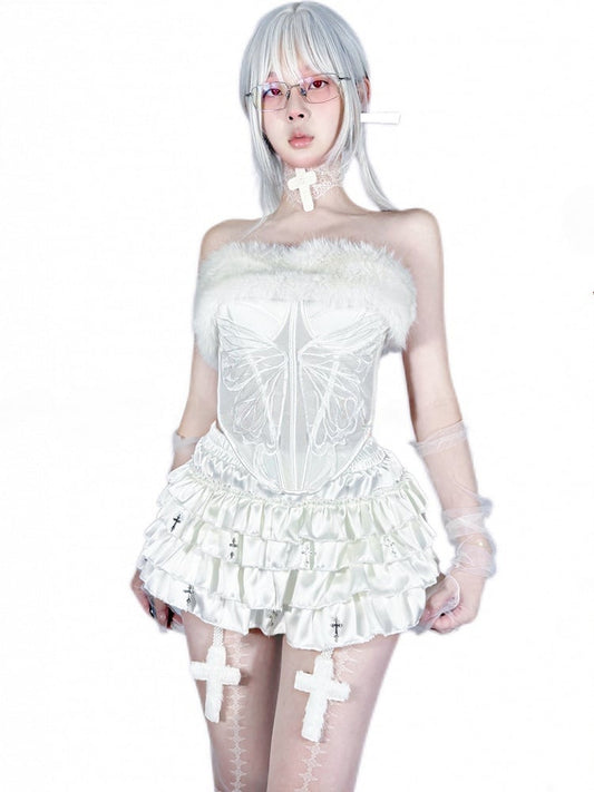 Gothic White Cross Charms Tiered Ruffles Satin Skort