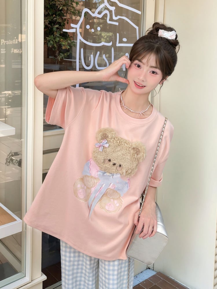 ピンク/グレー ラウンドネック ぬいぐるみ キティ/ベア Tシャツ