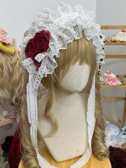 Black/White With Hairband Beads Red Ruffled Lace Rose