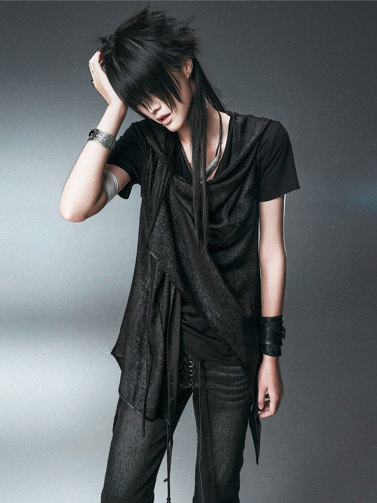 Black Hooded Vest with Asymmetrical Neckline & Cross Design at Back - CroixDragon
