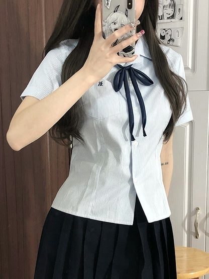 Short Sleeves Preppy Style Uniform Shirt Blue/Gray/Green Striped JK Pattern