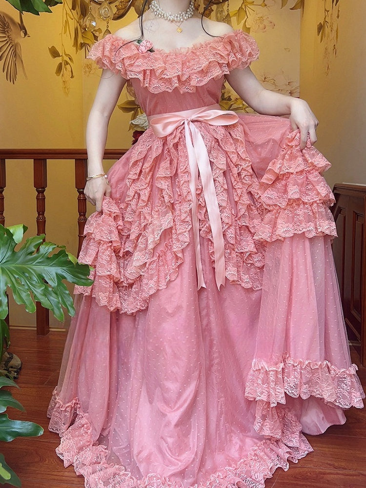 Wine Red/Pink Vintage Lace Ruffle Trim Off-the-shoulder Neckline  Dress