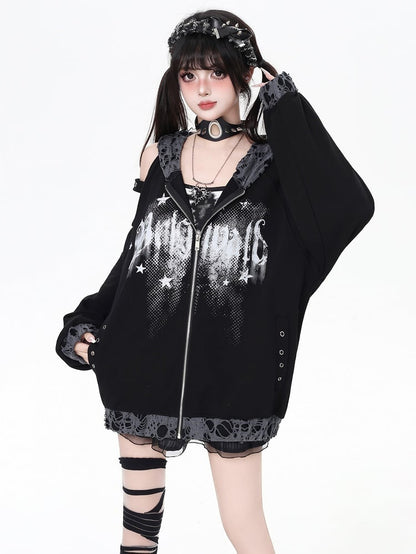 Kapuzenjacke mit Reißverschluss, Löchern im Used-Look und ausgeschnittener Schulterpartie, Weiß/Schwarz