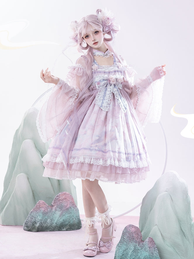 Han Bow Lolita Stück Langes Rosa-Lila Halbtransparente Printärmel Großes Kleid Whale Wide One
