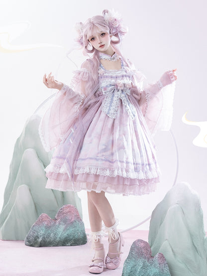 Han Bow Lolita Stück Langes Rosa-Lila Halbtransparente Printärmel Großes Kleid Whale Wide One