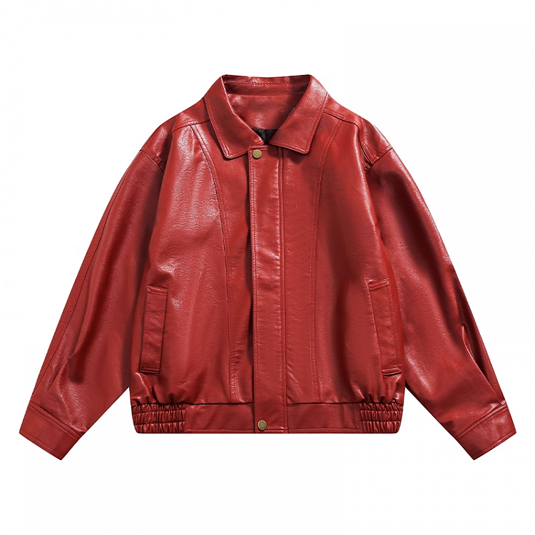 Red PU Leather Zip-up Jacket for Vintage Autumn