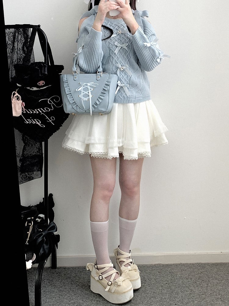 Blue Bow Accents Cutout Shoulder Landmine Style Sweater