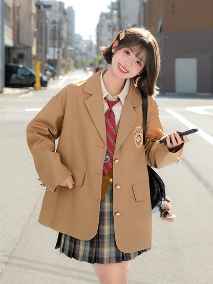 ブラウンのプレッピーファッションバッジブレザー刺繍JKユニフォームヴィンテージミラード