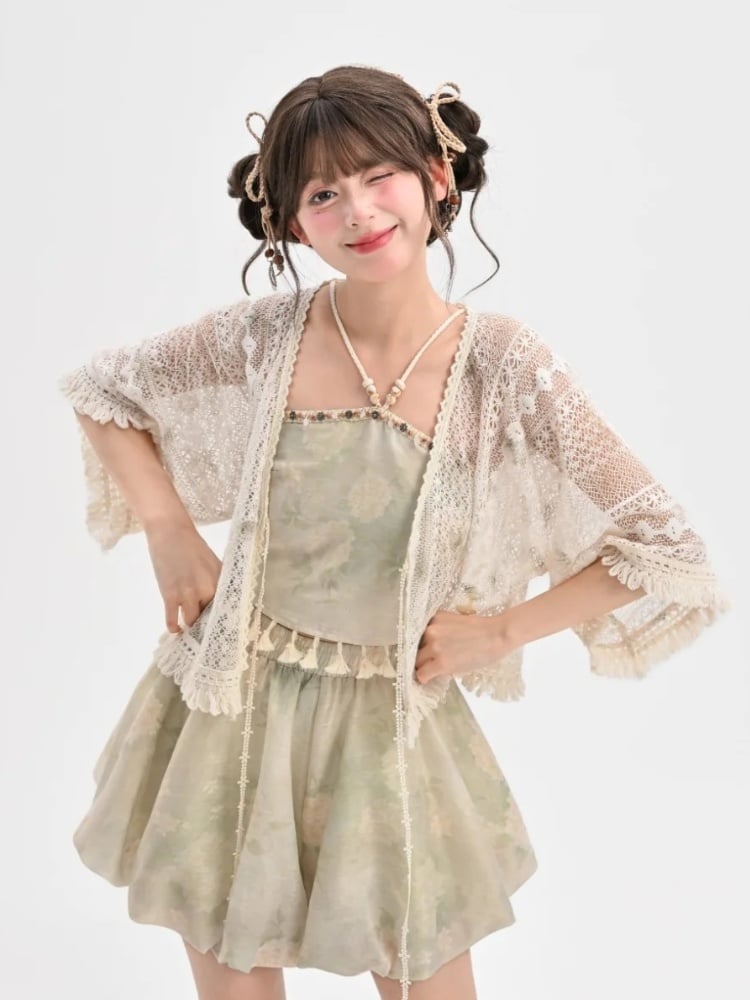 フリンジヘムホリデートップ ライトグリーン ホルターネック フローラルプリント