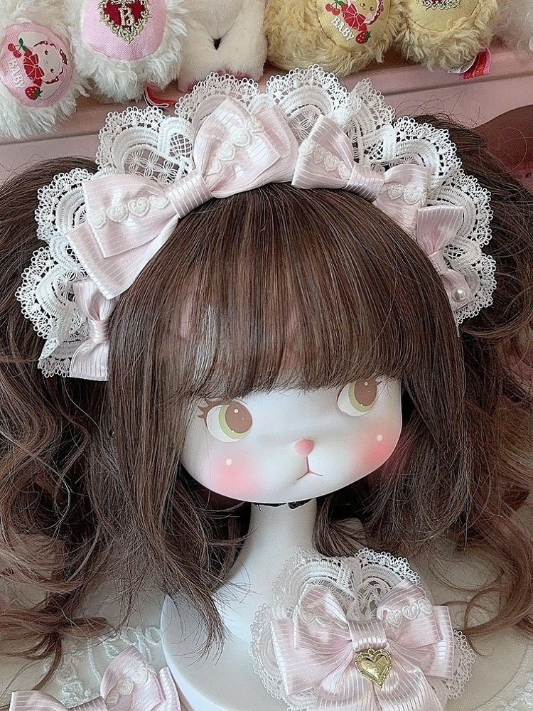 Details Pattern KC Heart Pink Lace Striped Trim Bowknot Decorated