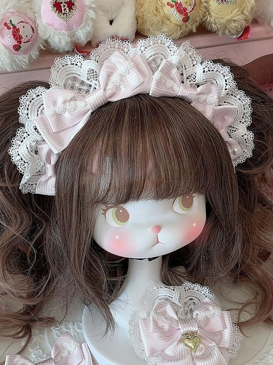 Details Pattern KC Heart Pink Lace Striped Trim Bowknot Decorated