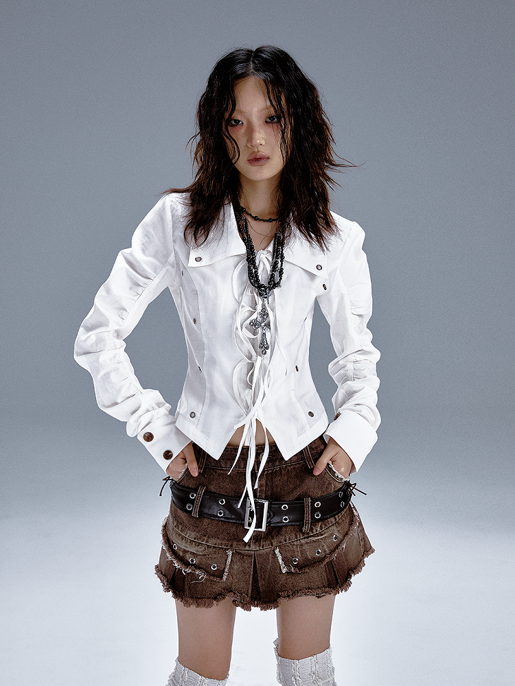 Shirt With Buckles White Cut-Out Lace-Up Bow