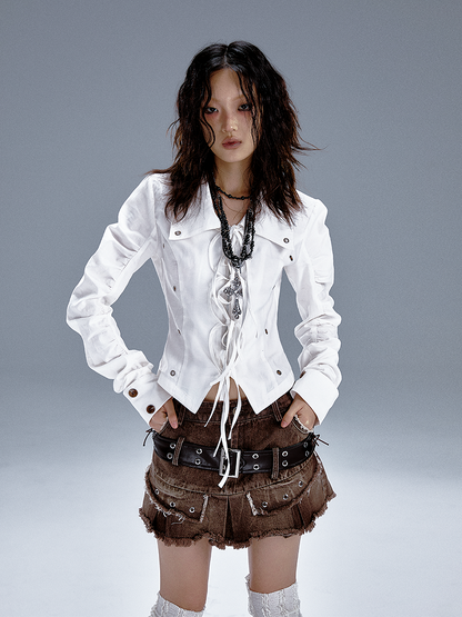 Hemd mit Schnallen Weiß Cut-Out Schnürschleife