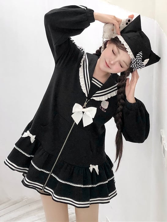 Stickerei Reißverschluss Kitty Jirai Kei Kragen Kleid Schwarz Landmine Stil Sailor Verschluss