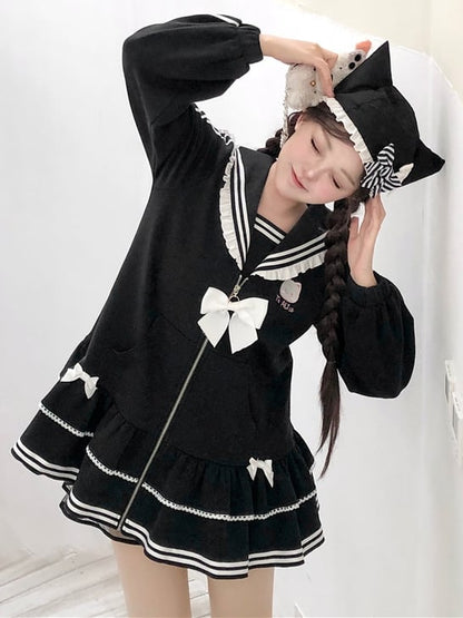 Stickerei Reißverschluss Kitty Jirai Kei Kragen Kleid Schwarz Landmine Stil Sailor Verschluss