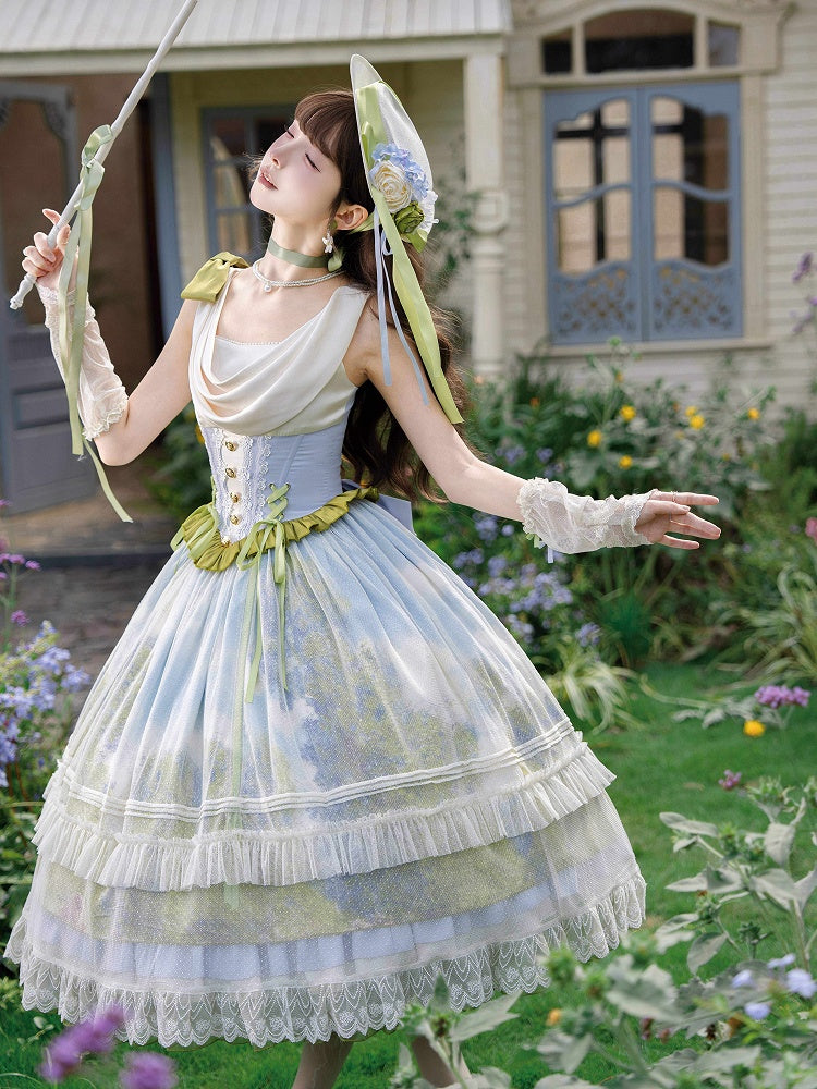 Art Print Skirt Classic Lolita Cowl Neck JSK Dress with Drawstring Overlay - Moonlight Dream