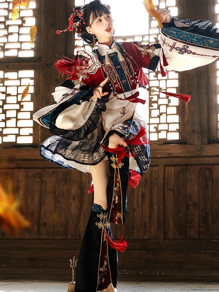 Wide Sleeves Chinese Knot Embroidery Han Lolita Dress Fox Patch Cropped Top Set - Unknown Star